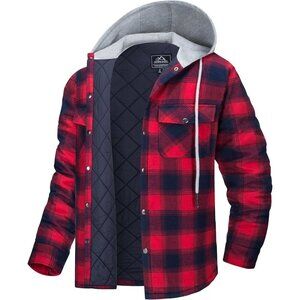 🆕 Men Red Flannel Shirt Jacket Quilted Lined Winter Warm Coat Button Up Hoodie